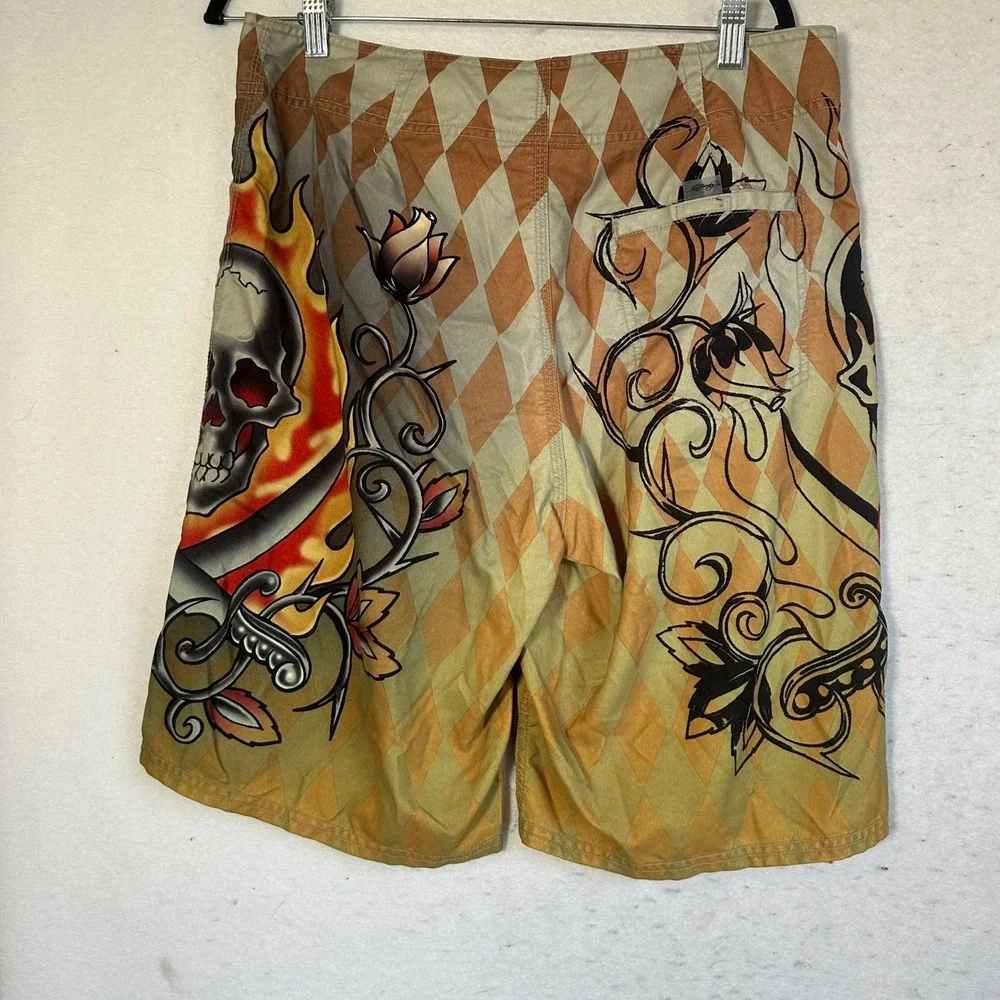 Ed Hardy Mens Tattoo Skull Harlequin Board Shorts Tan Brown Size 33 Swim Trunks